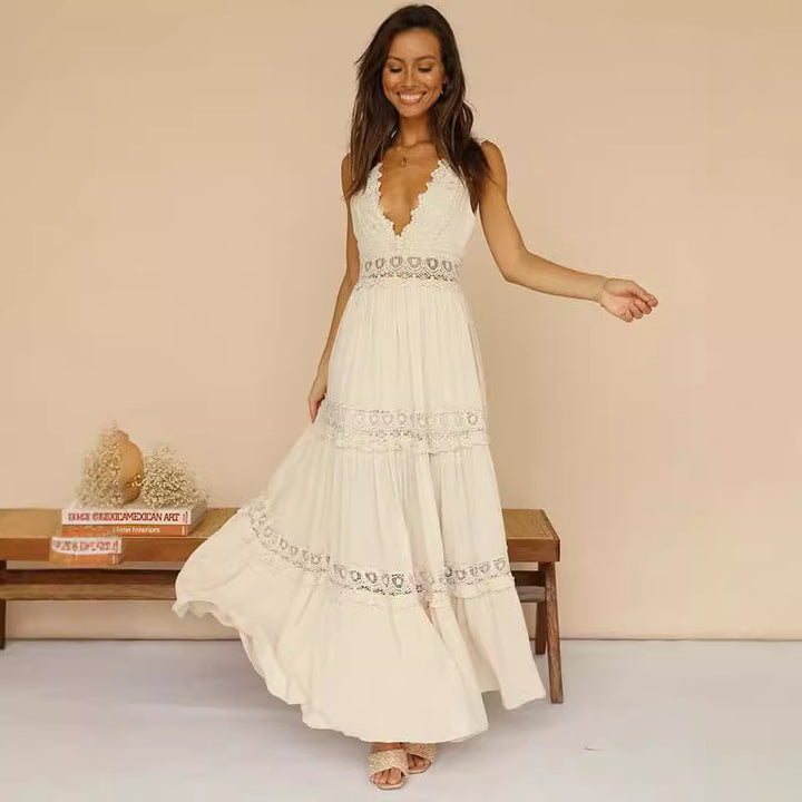 Damen Elegantes Maxikleid mit tiefem V-Ausschnitt und verspielten Häkelapplikationen Drune