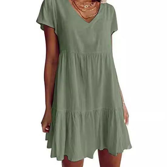 Damen lässiges und leichtes Sommerkleid mit V-Ausschnitt und voluminösem Rock Drune