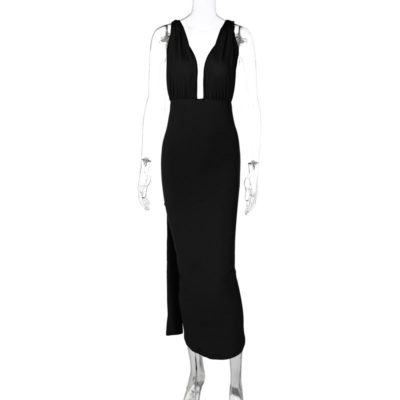 Damen Maxikleid mit tiefem V-Ausschnitt und seitlichem Schlitz Drune