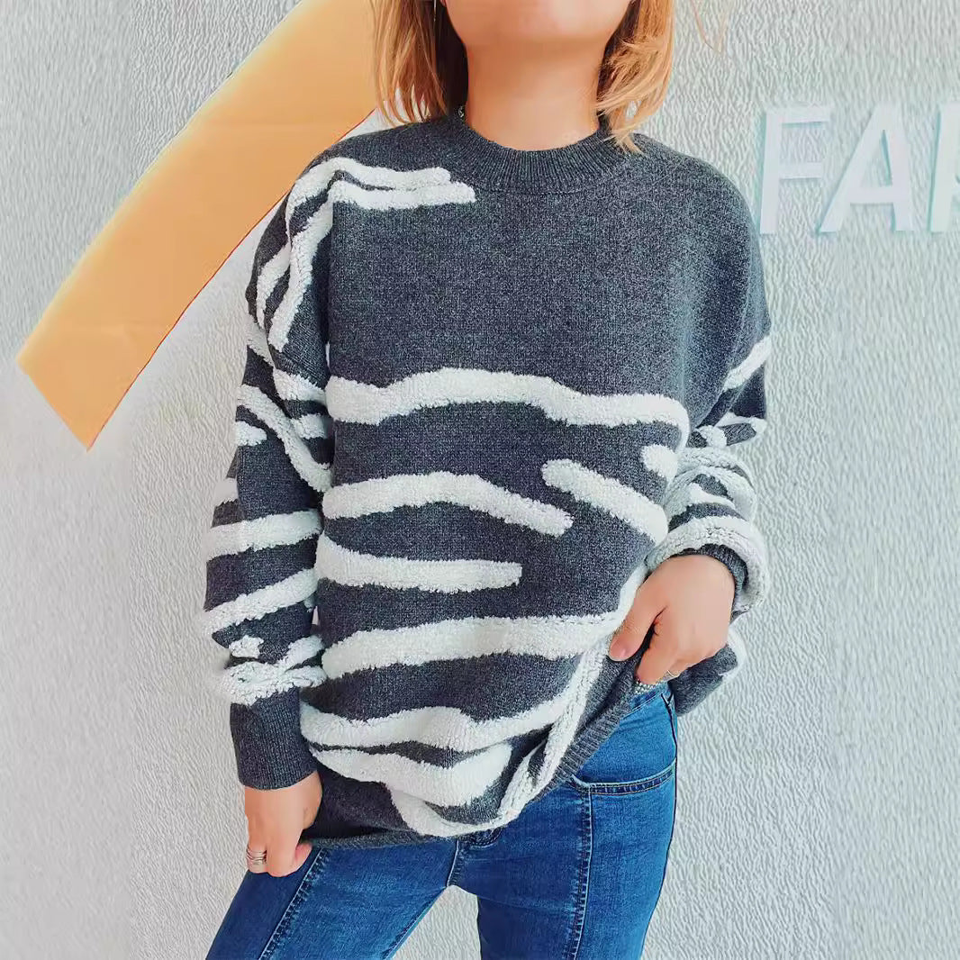 Damen gemütlicher Strickpullover mit ansprechendem Zebrastreifenmuster Drune