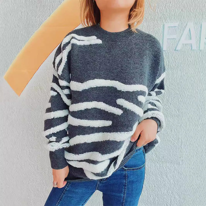 Damen gemütlicher Strickpullover mit ansprechendem Zebrastreifenmuster Drune