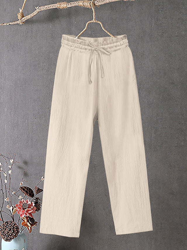 Damen Crinkle Leinenmischung Hose mit elastischem Kordelzug, gerade Beinform und lässiger Passform Drune