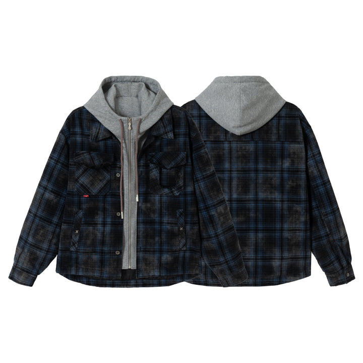 Herren karierte Layer‑Hemdjacke mit integrierter Kapuzen‑Innenjacke Drune