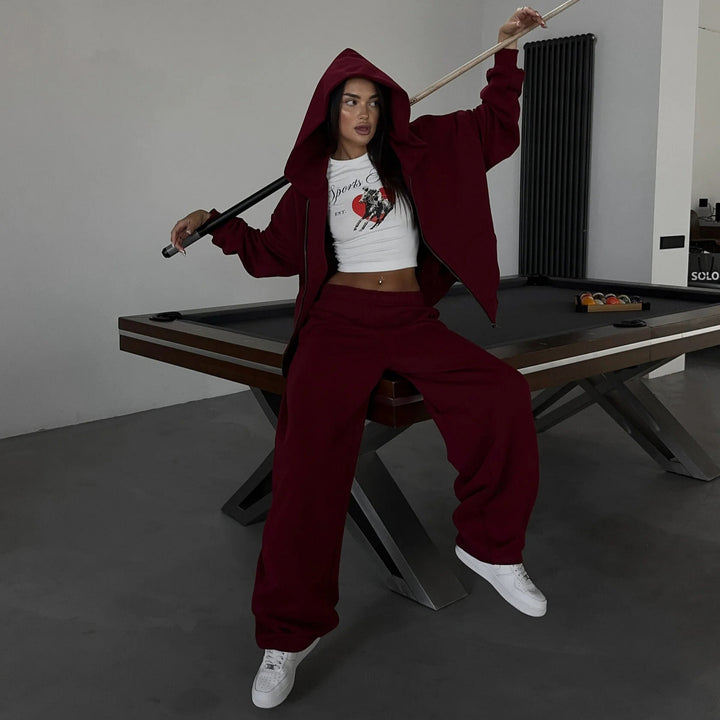 Damen lässiges Zip-Lounge-Set mit übergroßer Kapuzenjacke und taillierter Relax-Jogginghose Drune