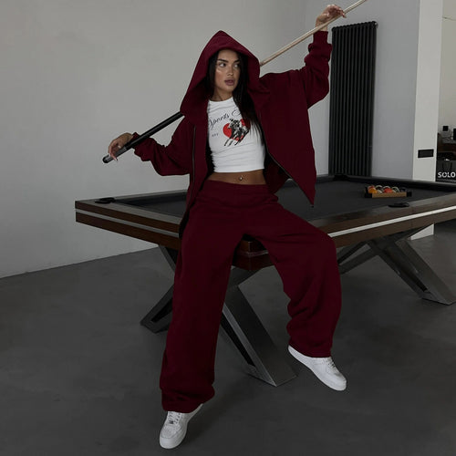 Damen lässiges Zip-Lounge-Set mit übergroßer Kapuzenjacke und taillierter Relax-Jogginghose Drune