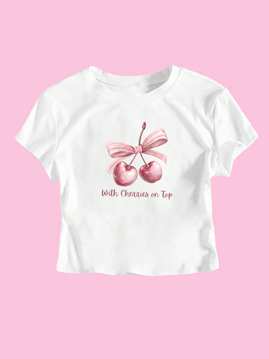 Damen Kurzarm Crop-T-Shirt mit fröhlichem Kirschmotiv und Schleifenapplikation Drune
