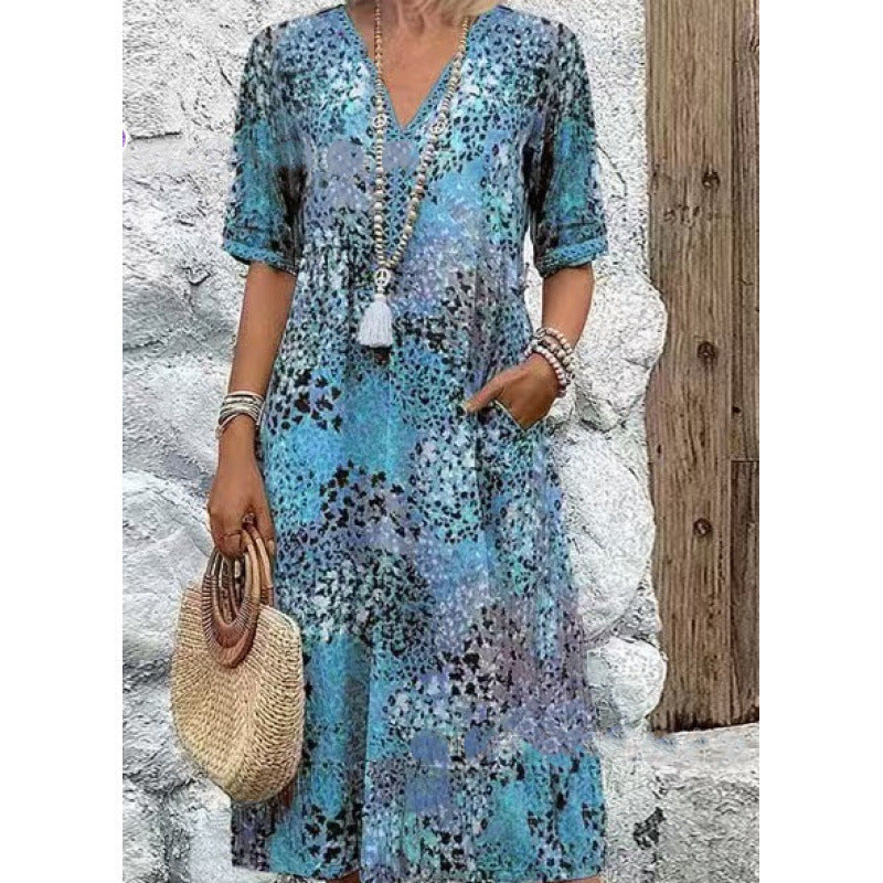 Damen Strandkleid im lässigen Stil mit Taschen und V-Ausschnitt Drune