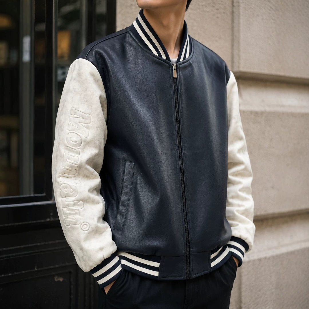 Herren Varsity‑Bomberjacke im College‑Stil mit Lederimitatkörper und kontrastierenden Wildlederärmeln Drune