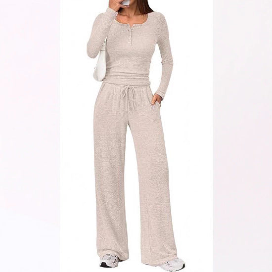 Damen Zweiteiliges Feinstrick-Lounge-Set mit Henley-Top und Palazzo-Hose Drune