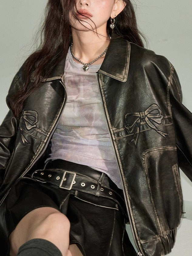 Drune | Bowknot Zip Up Lederjacke