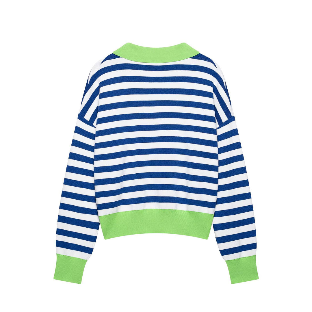 Damen Gestreifter Strickpolo-Sweater mit V-Ausschnitt und breitem Rippbund Drune