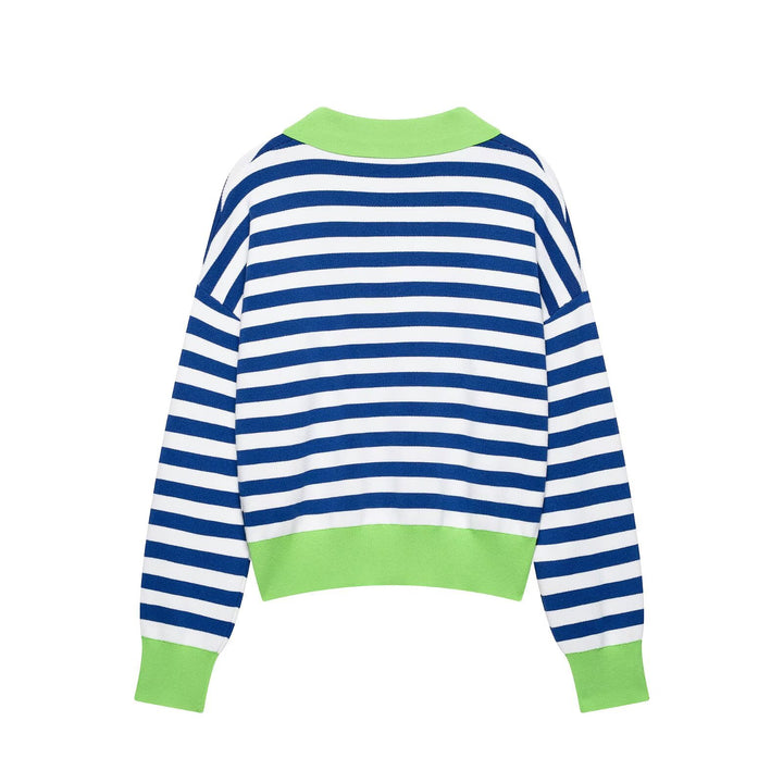 Damen Gestreifter Strickpolo-Sweater mit V-Ausschnitt und breitem Rippbund Drune