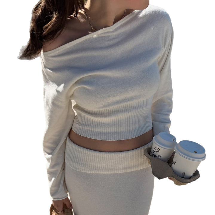 Damen Schulterfreies Rippstrick-Cropped-Top mit Taillenbund und passendem Midirock Drune