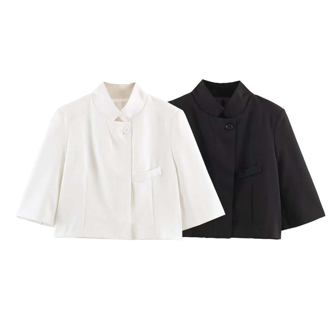 Damen Elegante Cropped-Jacke mit Stehkragen, verdeckter Knopfleiste und 3/4-Ärmeln Drune