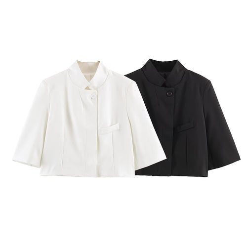Damen Elegante Cropped-Jacke mit Stehkragen, verdeckter Knopfleiste und 3/4-Ärmeln Drune