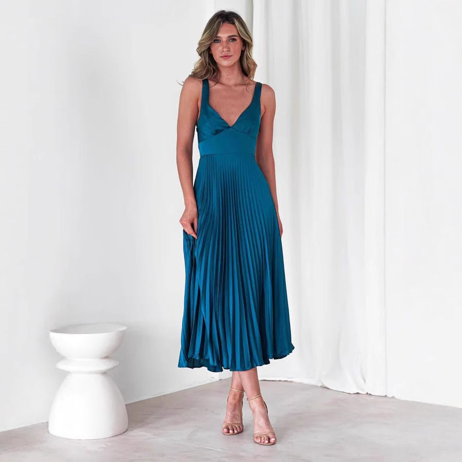Damen Plissiertes Maxikleid mit V-Ausschnitt und schwingendem Rock Drune