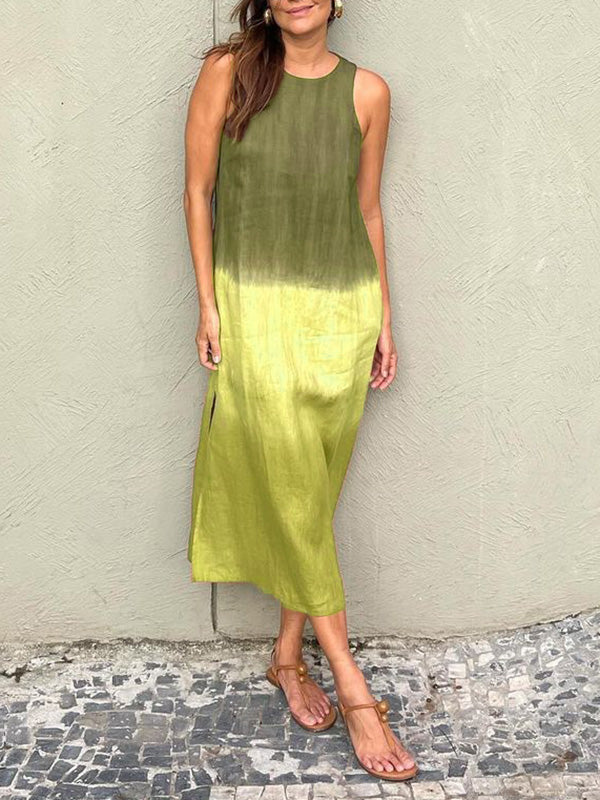 Drune | Baumwolle Leinen Ärmelloses Schlitz Gradient Kleid