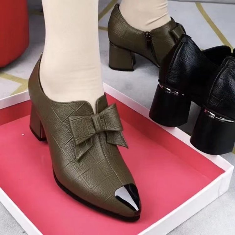 Damen nan elegante Pumps mit spitzer Metallkappe, dekorativer Schleife, seitlichem Reißverschluss und mittelhohem Blockabsatz Drune