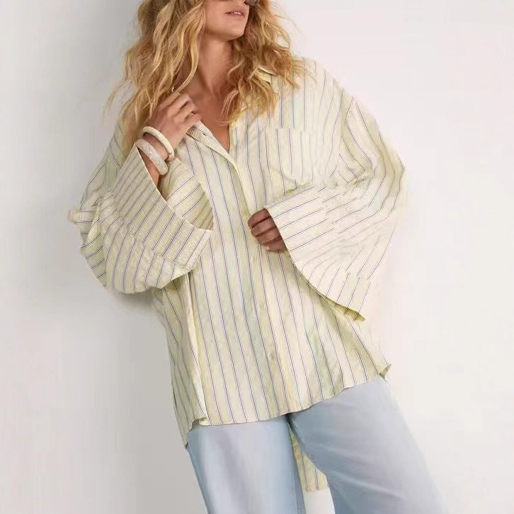 Damen Oversize-Hemdbluse mit weitem Glockenärmel und feinem Streifenmuster Drune