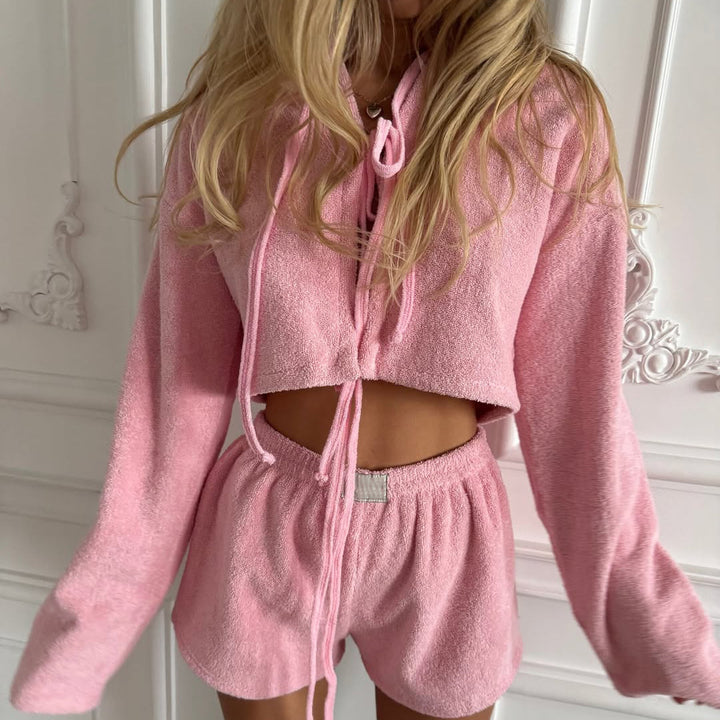 Damen Freizeit-Crop-Set mit sportlichem Hoodie und elastischen Shorts Drune