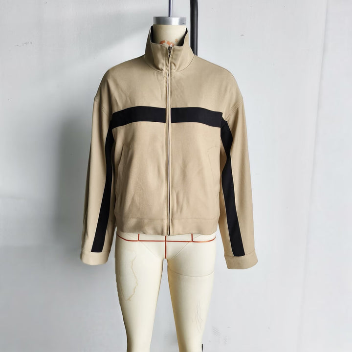 Damen Boxy-Cropped-Übergangsjacke mit Stehkragen, kontraststreifen und Eingrifftaschen Drune