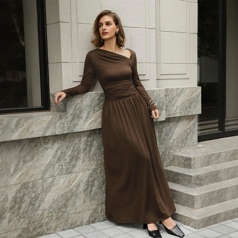 Damen asymmetrisches Maxikleid mit langem Ärmel und geraffter Taillenpartie Drune