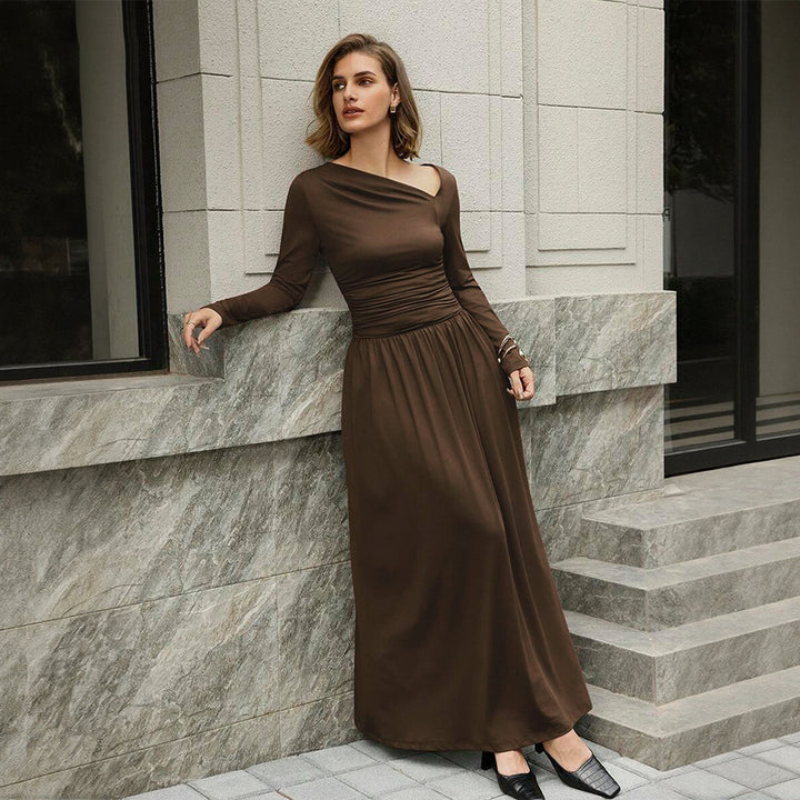 Damen asymmetrisches Maxikleid mit langem Ärmel und geraffter Taillenpartie Drune
