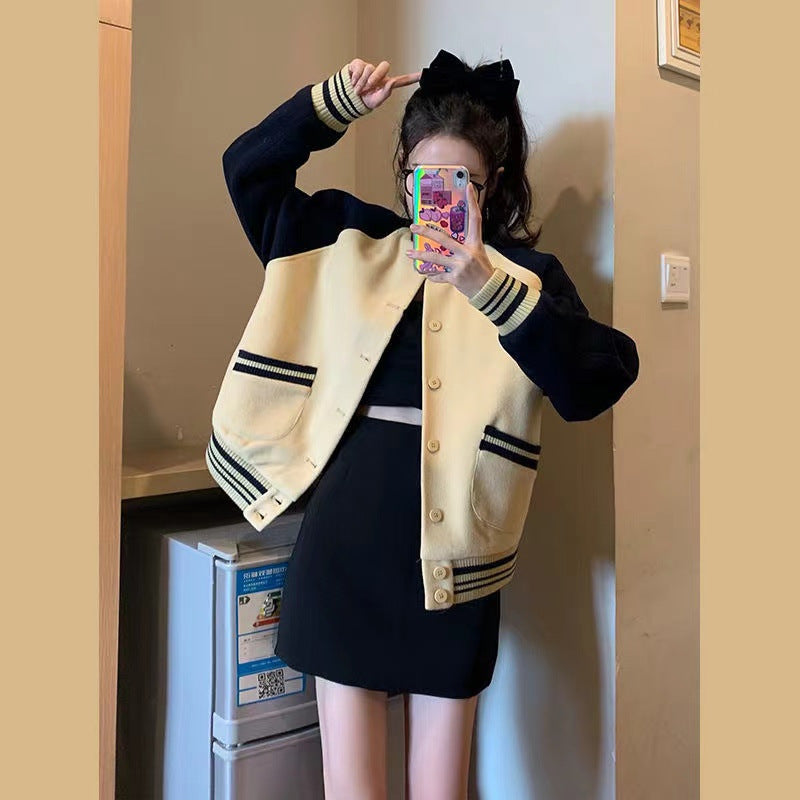 Damen Modisch Oversized Collegejacke mit Knopfverschluss und Kontraststreifen Drune