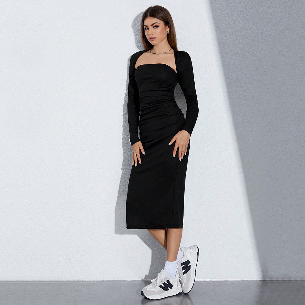 Damen elegantes Maxikleid mit Raffungen und seitlichem Schlitz Drune