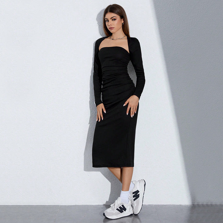Damen elegantes Maxikleid mit Raffungen und seitlichem Schlitz Drune