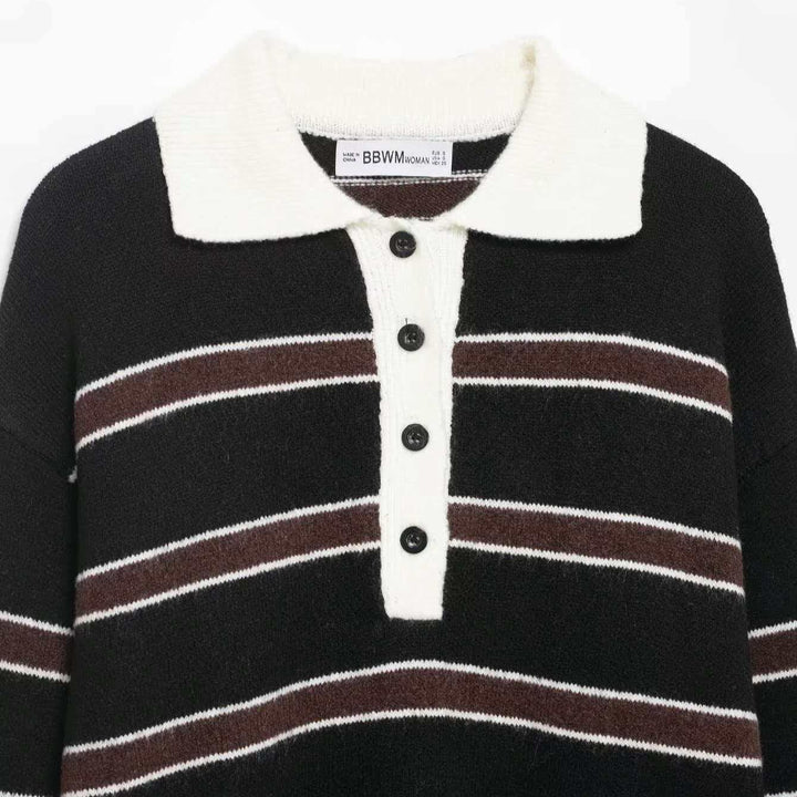 Damen lässiger Strickpullover mit Kragen und Knopfleiste Drune