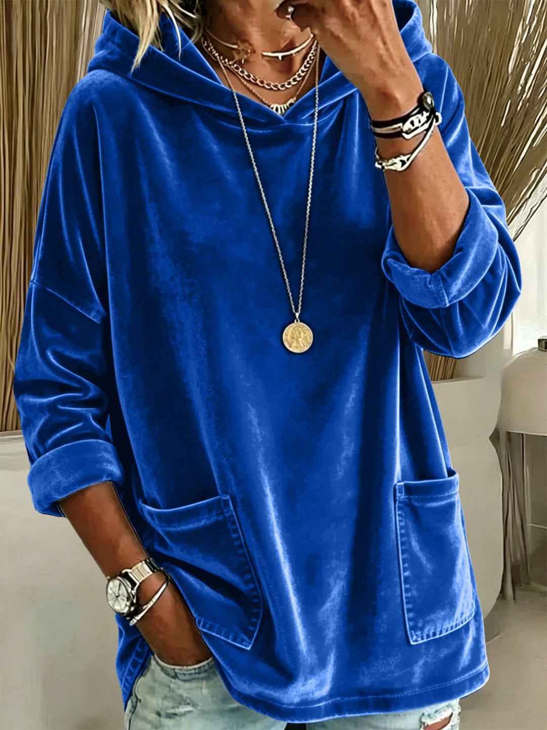 Damen Oversize Samt-Hoodie mit weiter Kapuze, Kängurutaschen und relaxter Silhouette Drune