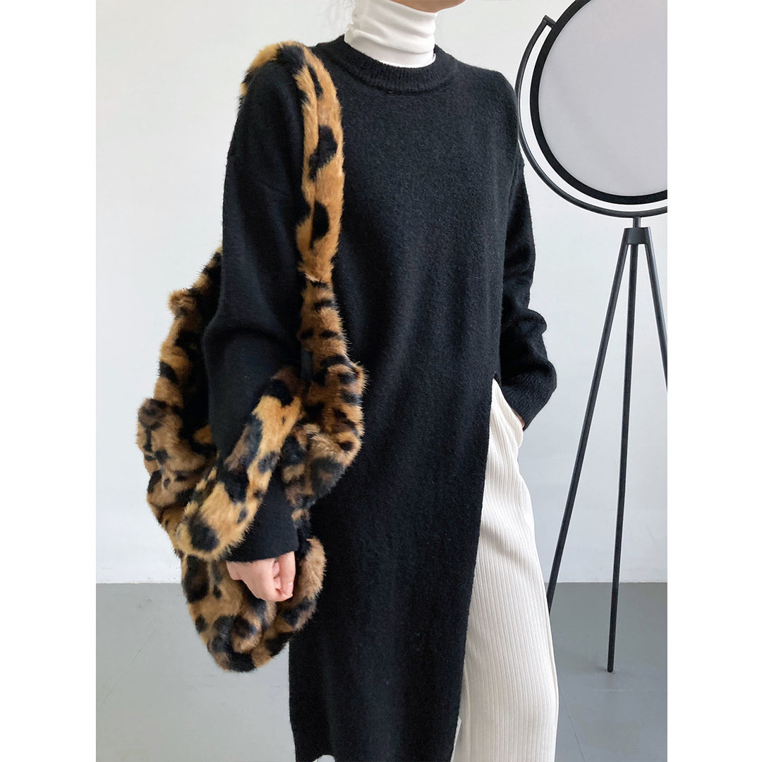Damen Langer Strickpullover mit Lockere Passform und Seitenschlitzen Drune