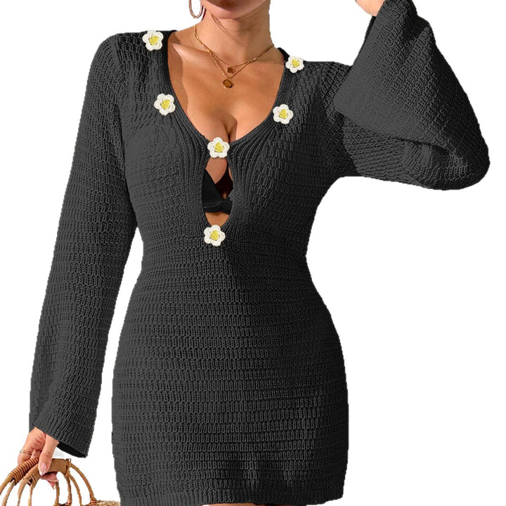 Damen lässiges Strandkleid mit dekorativem V-Ausschnitt und Blumenapplikationen Drune