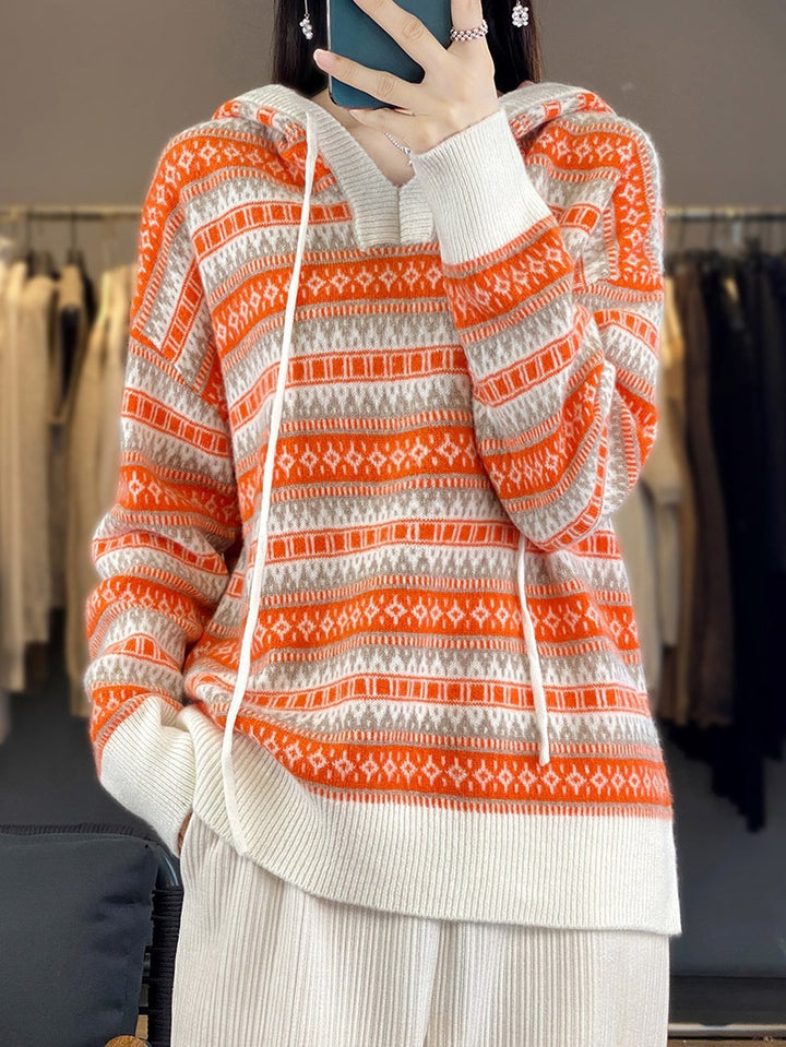 Damen Oversize Jacquard-Strickkapuzenpullover mit V‑Schlitz und gerippten Bündchen Drune
