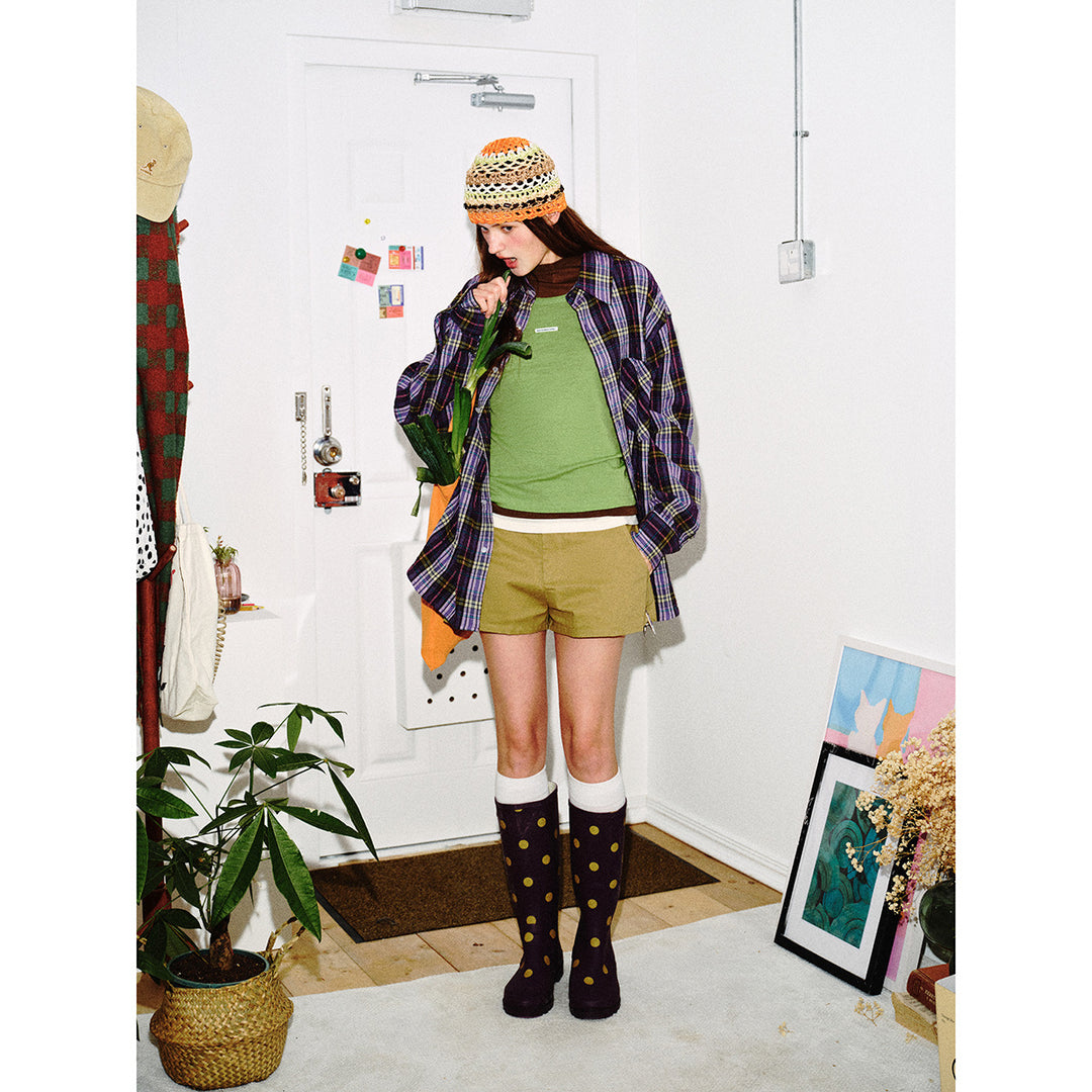 Unisex Lockeres Oversize-Karohemd im Vintage-Look mit schräger Brusttasche und geradem Saum Drune