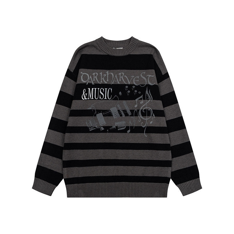 Damen Gestreifter Oversize-Strickpullover mit Rundhals und Musik-Grafik Drune
