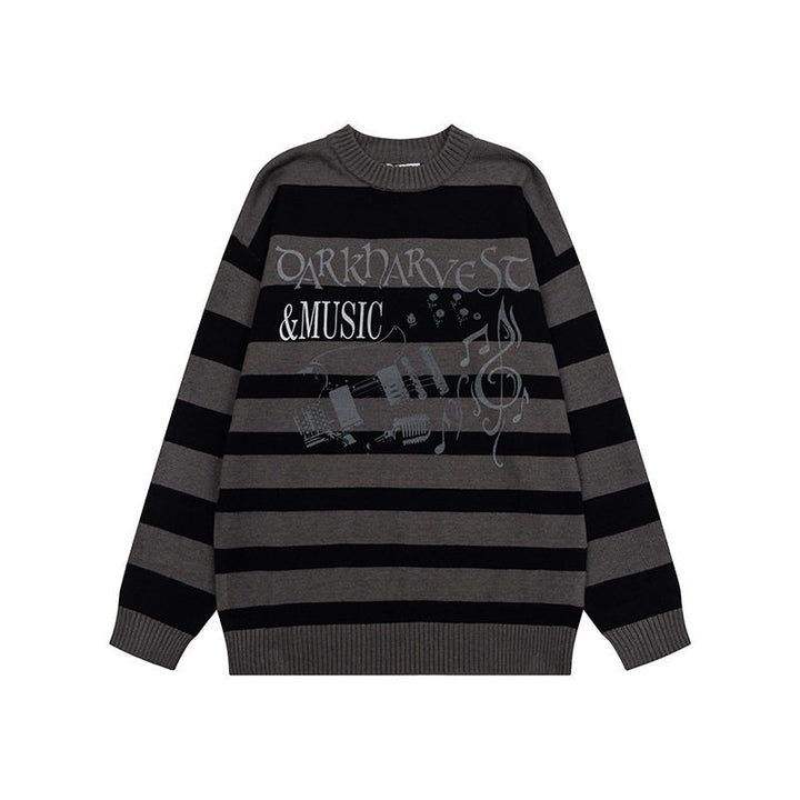 Damen Gestreifter Oversize-Strickpullover mit Rundhals und Musik-Grafik Drune