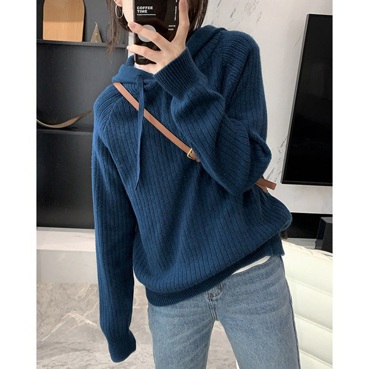 Damen lässiger Strickpullover mit Kapuze und feinem Rippenmuster Drune