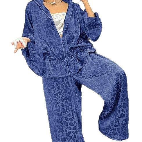Damen sportlicher Freizeitanzug mit elegantem Leopardenmuster und weiten Hosen Drune