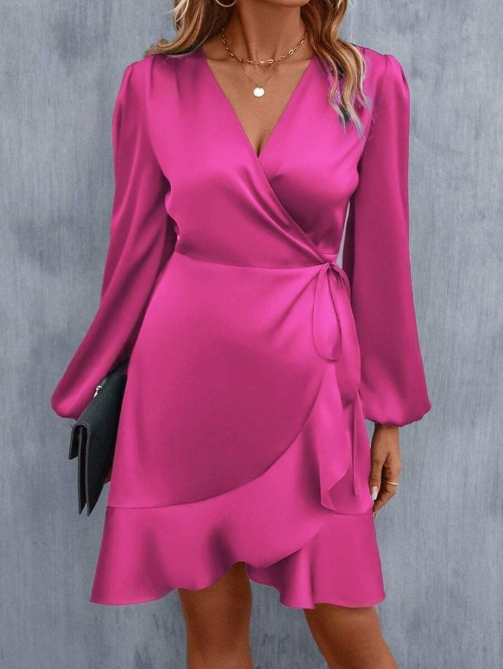 Drune | V-Ausschnitt Kleid Satin Taille Eng Niedrig Ausschnitt Lässig Midi Kleid Süß Frauen Kleidung