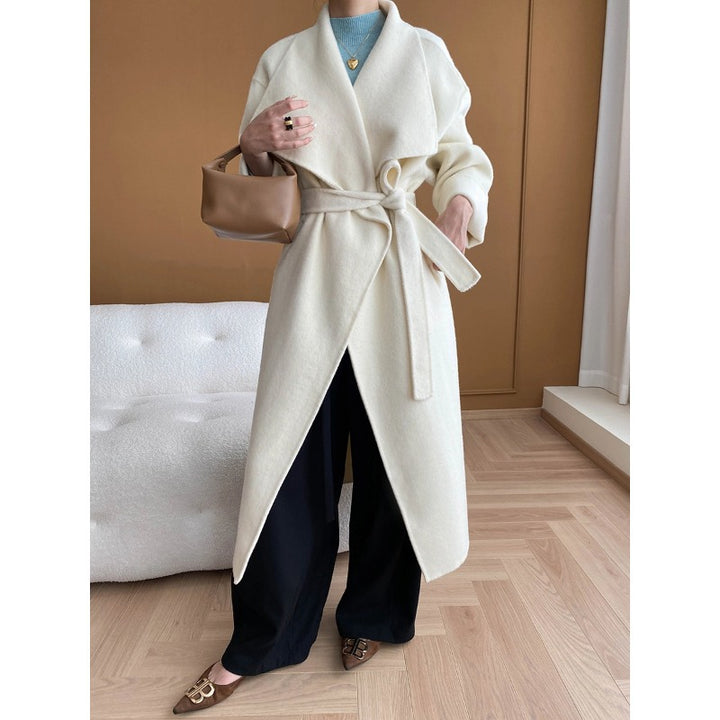 Damen eleganter Wickelmantel aus weichem Wollmix mit Gürtel Drune