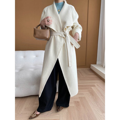 Damen eleganter Wickelmantel aus weichem Wollmix mit Gürtel Drune