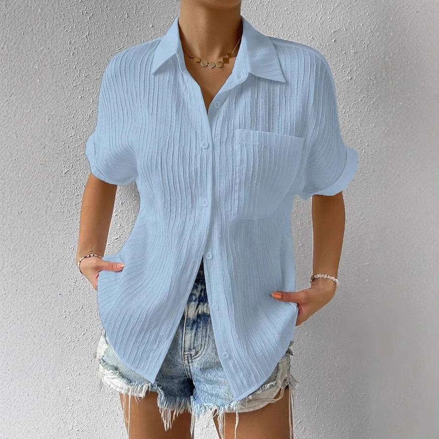 Damen nan Crinkle-Optik-Hemdbluse mit Brusttasche, Krempelärmeln und lockerer Passform Drune