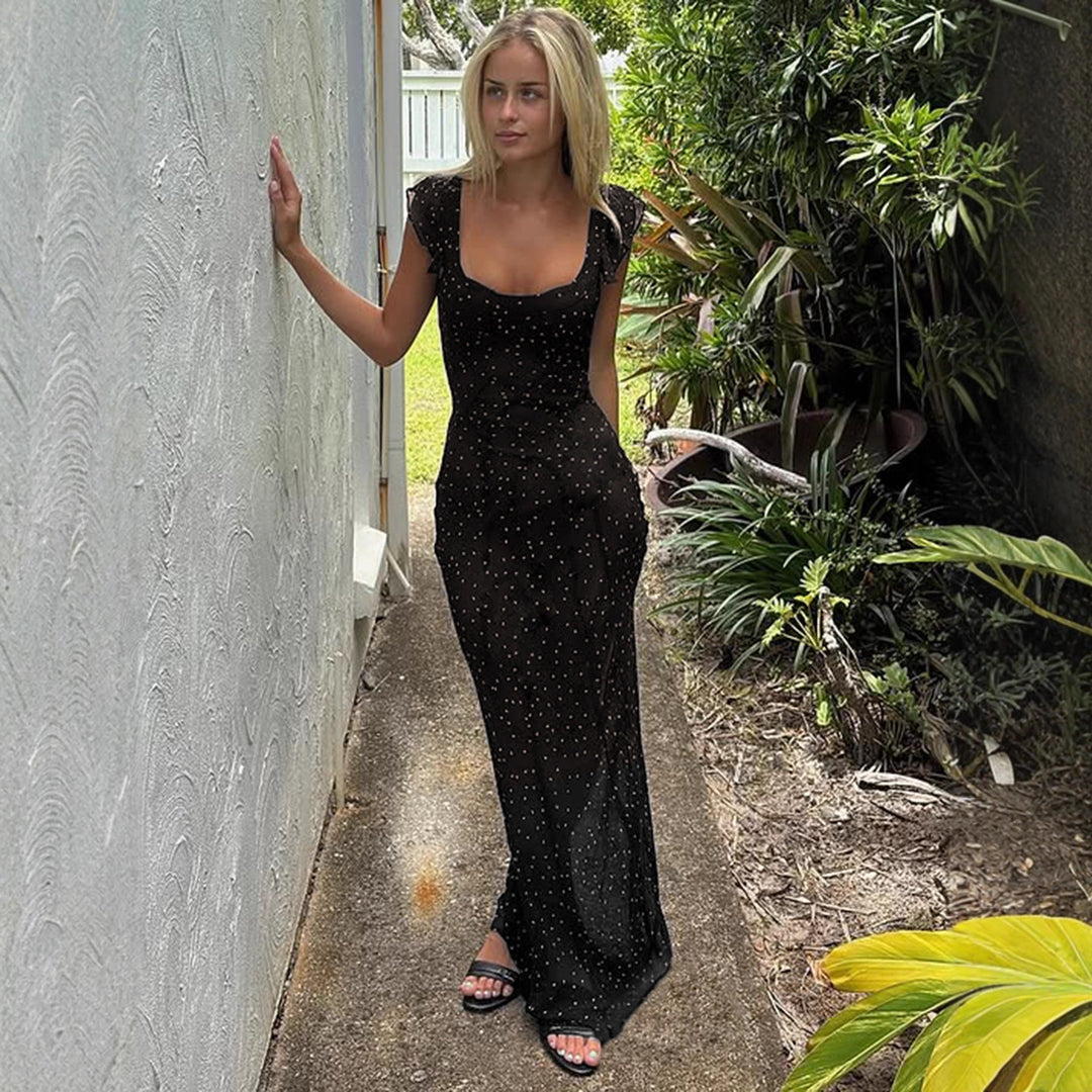 Damen Maxikleid mit feinem Punktmuster und Spaghettiträgern Drune