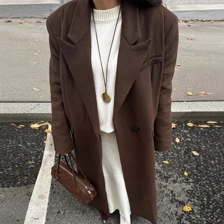 Damen Langmantel mit geradem Schnitt, kaschierendem Oversize-Revers und Eingrifftaschen Drune