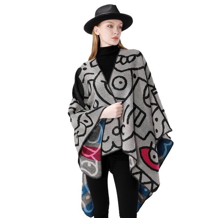 Damen Oversize-Poncho im künstlerischen Print mit zweifarbiger Kantenverarbeitung und asymmetrischem Zipfelsaum Drune
