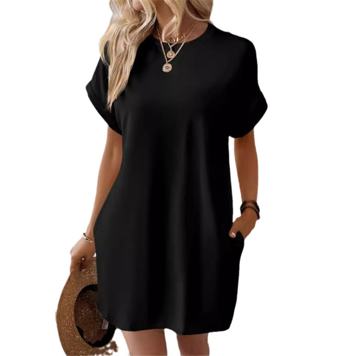 Damen lässiges T-Shirt-Kleid mit umschlagbaren Ärmeln und Taschen Drune