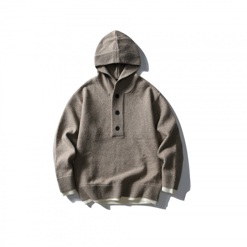 Unisex Strick‑Kapuzenpullover mit halber Knopfleiste, geripptem Saum und zweilagigem Abschluss Drune