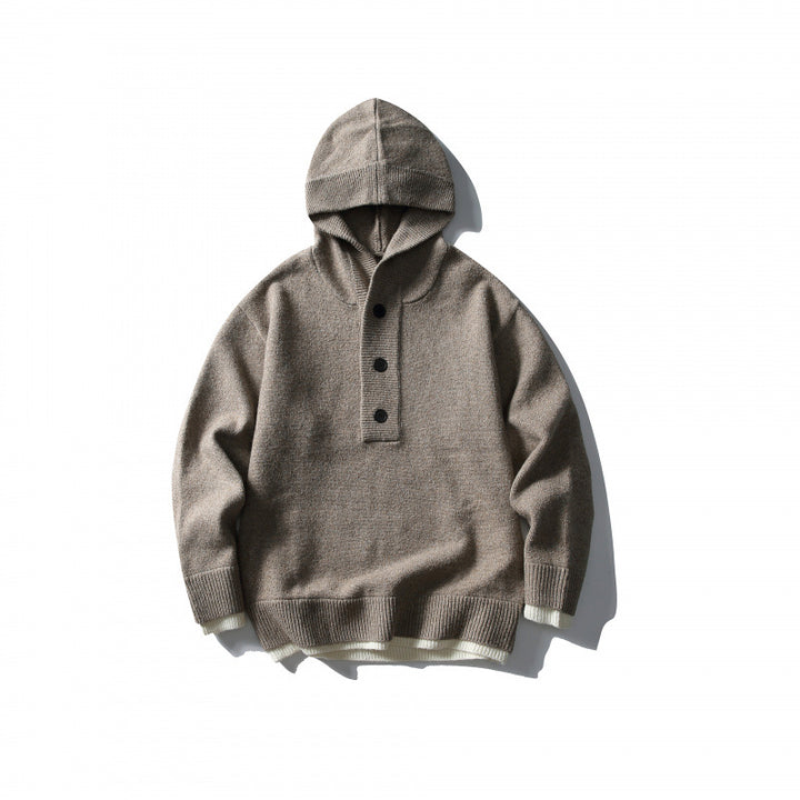 Unisex Strick‑Kapuzenpullover mit halber Knopfleiste, geripptem Saum und zweilagigem Abschluss Drune